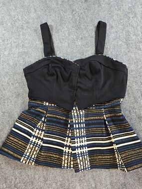 Deletta Peplum Top Womens M Black Plaid Blue Gold Anthropologie Fitted Bodice